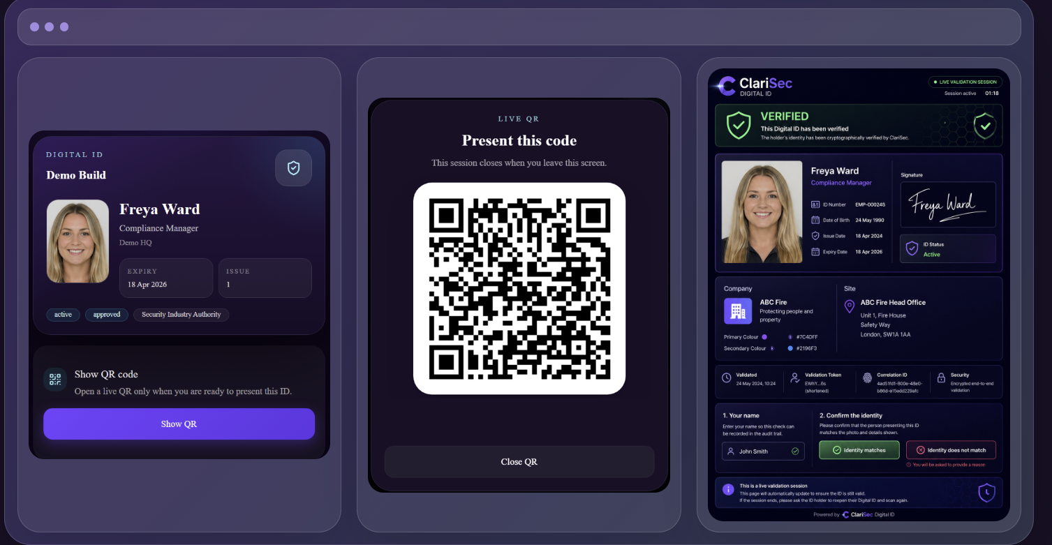 Clarisec Digital ID, QR and live validation screens